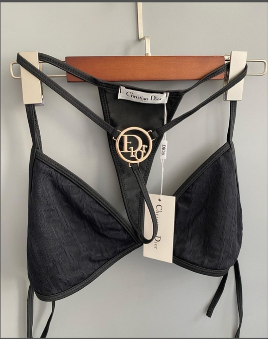 Black Lace Christian Dior Logo Thong Bikini Set