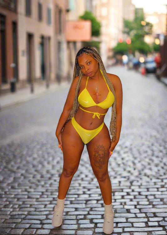 Nike Yellow 3-Piece Swimsuit Set with Matching Logo Shorts