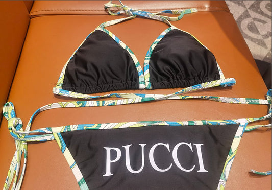 Pucci Black Two-Piece Swimsuit with Colorful Trim