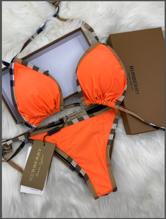 Sunset Vibes Orange Bikini with Burberry Trim