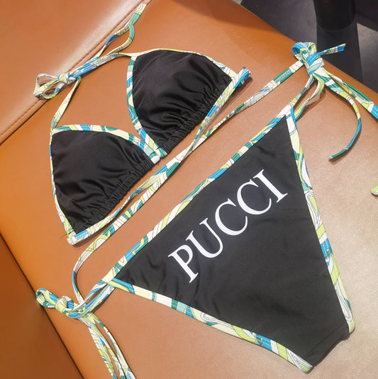 Pucci Black Two-Piece Swimsuit with Colorful Trim