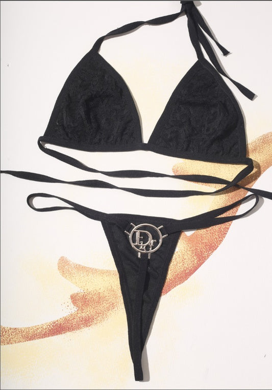 Black Lace Christian Dior Logo Thong Bikini Set